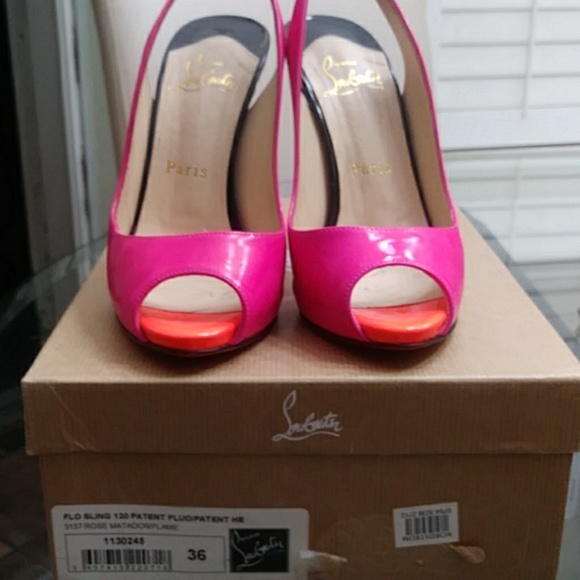 Louboutin Flo Sling patent neon peep toe slingback - Picture 5 of 6